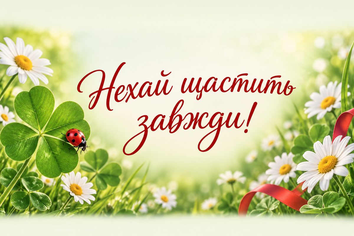 Листівка з днем народження похресниці: конюшина, сонечко й ромашки, напис «Нехай щастить завжди!»