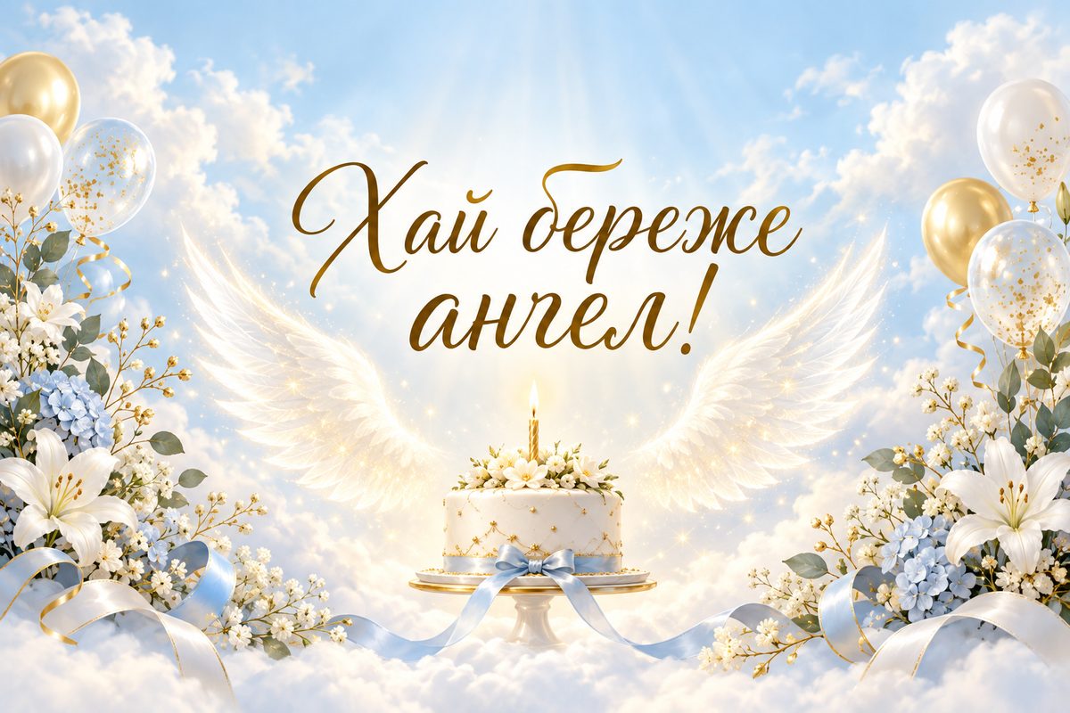 Листівка з днем народження похресниці: крила зі світла над святковим тортом, напис «Хай береже ангел!»