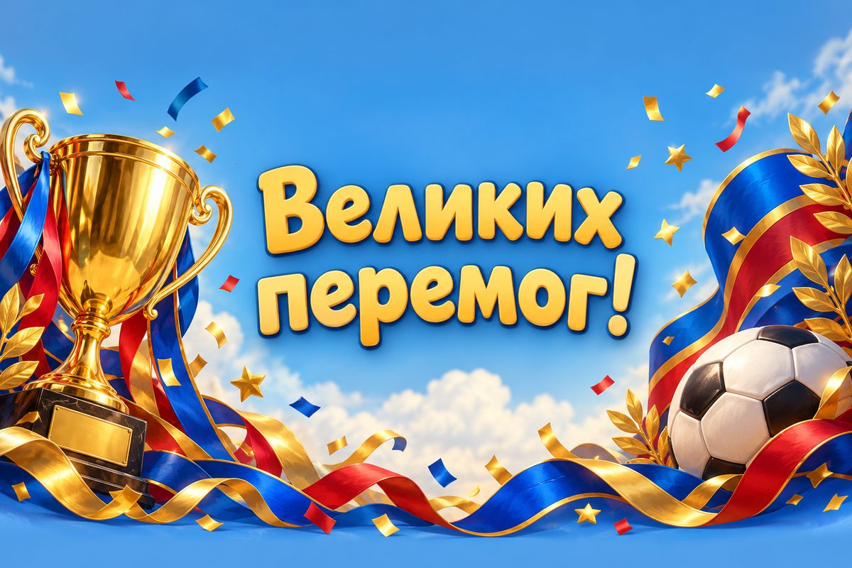 Листівка з днем народження похресниці: кубок, конфеті й мʼяч, напис «Великих перемог!»
