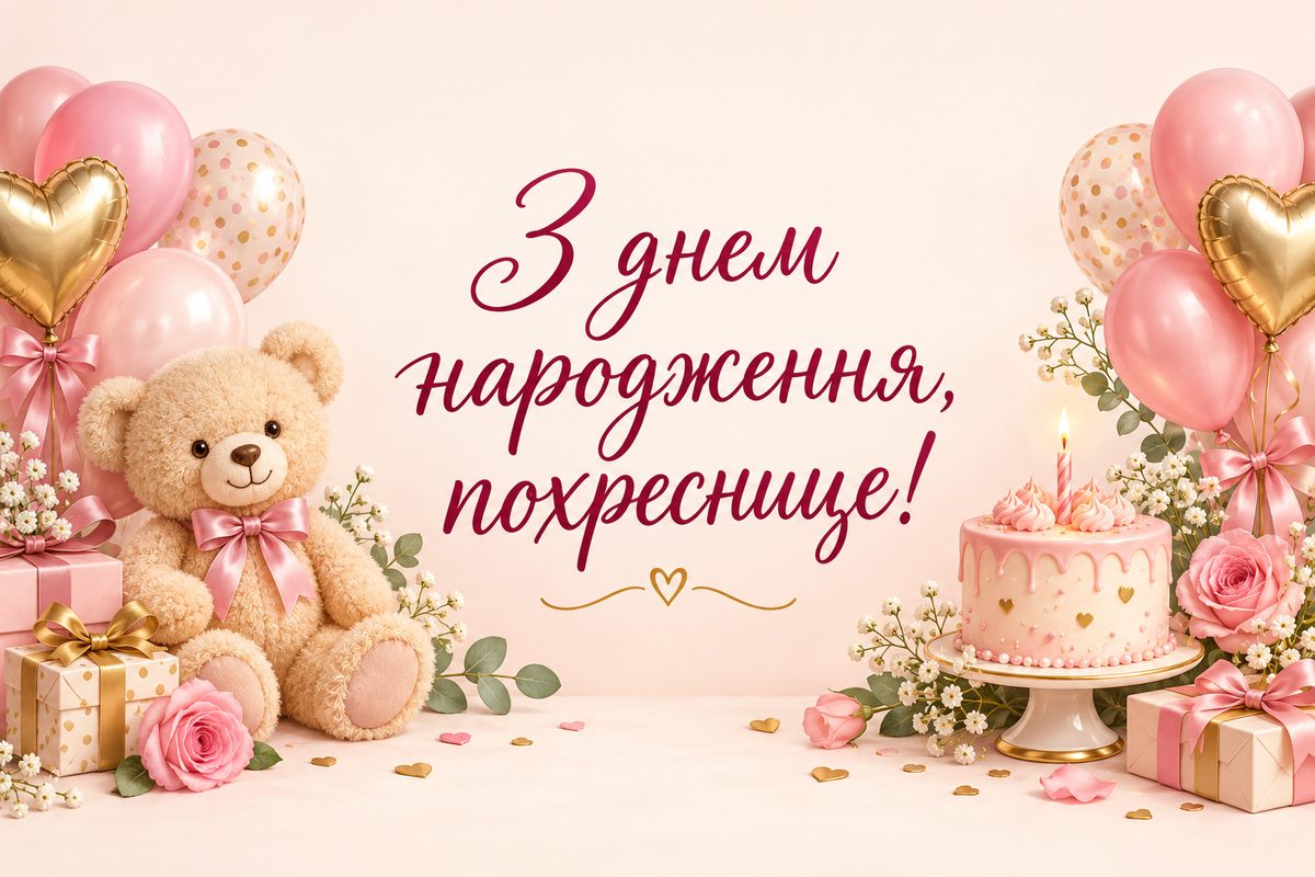 Листівка з днем народження похресниці: рожеві кульки, ведмедик і тортик, напис «З днем народження, похреснице!»