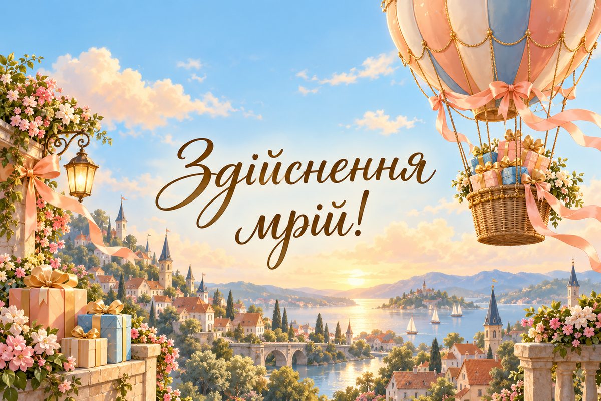 Листівка з днем народження похресниці: повітряна куля з подарунками, напис «Здійснення мрій!»