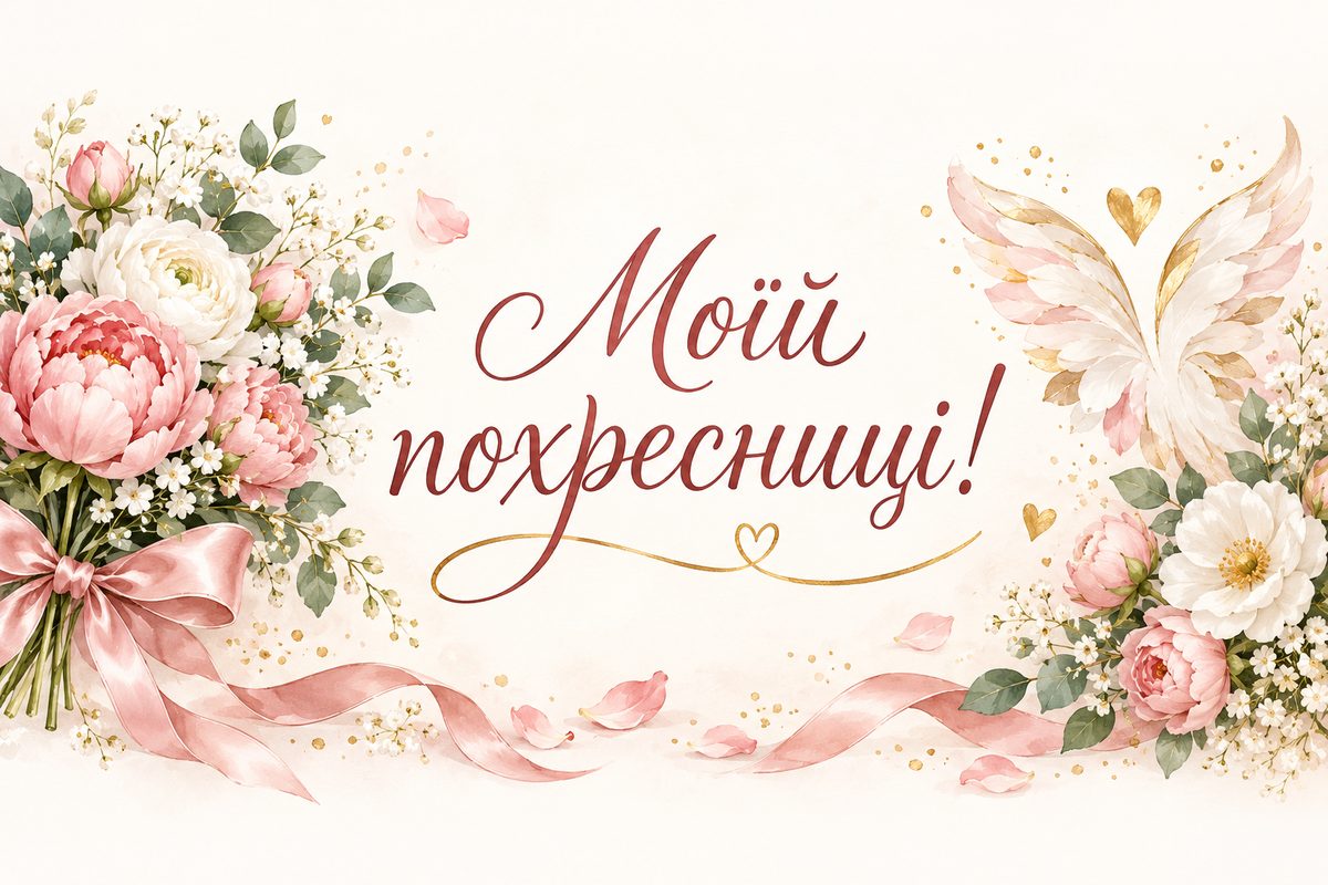 Листівка з днем народження похресниці: пастельний букет зі стрічкою, напис «Моїй похресниці!»