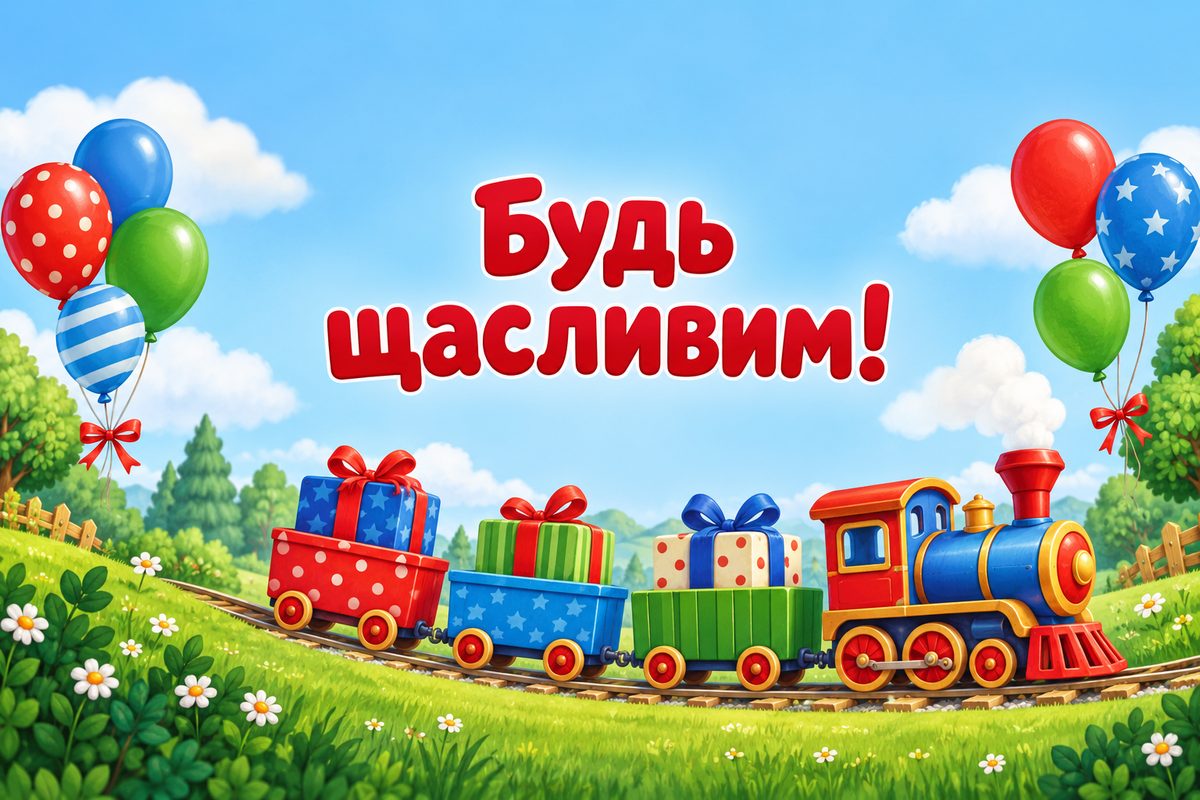 Листівка з днем народження похресниці: потяг із подарунками, напис «Будь щасливим!»