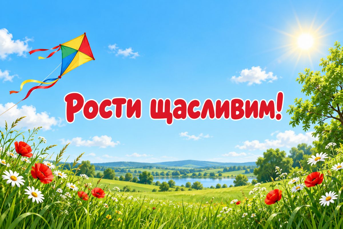 Листівка з днем народження похресниці: повітряний змій над лугом, напис «Рости щасливим!»