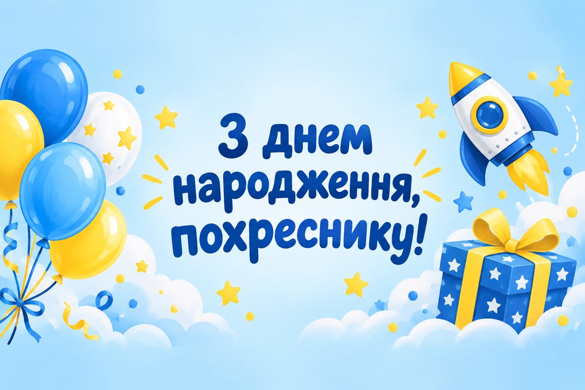 Листівка з днем народження похресниці: блакитні кульки, ракета й подарунок, напис «З днем народження, похреснику!»