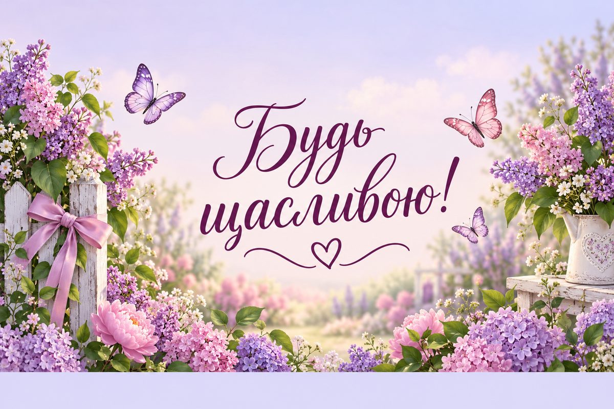 Листівка з днем народження похресниці: сад із метеликами, напис «Будь щасливою!»