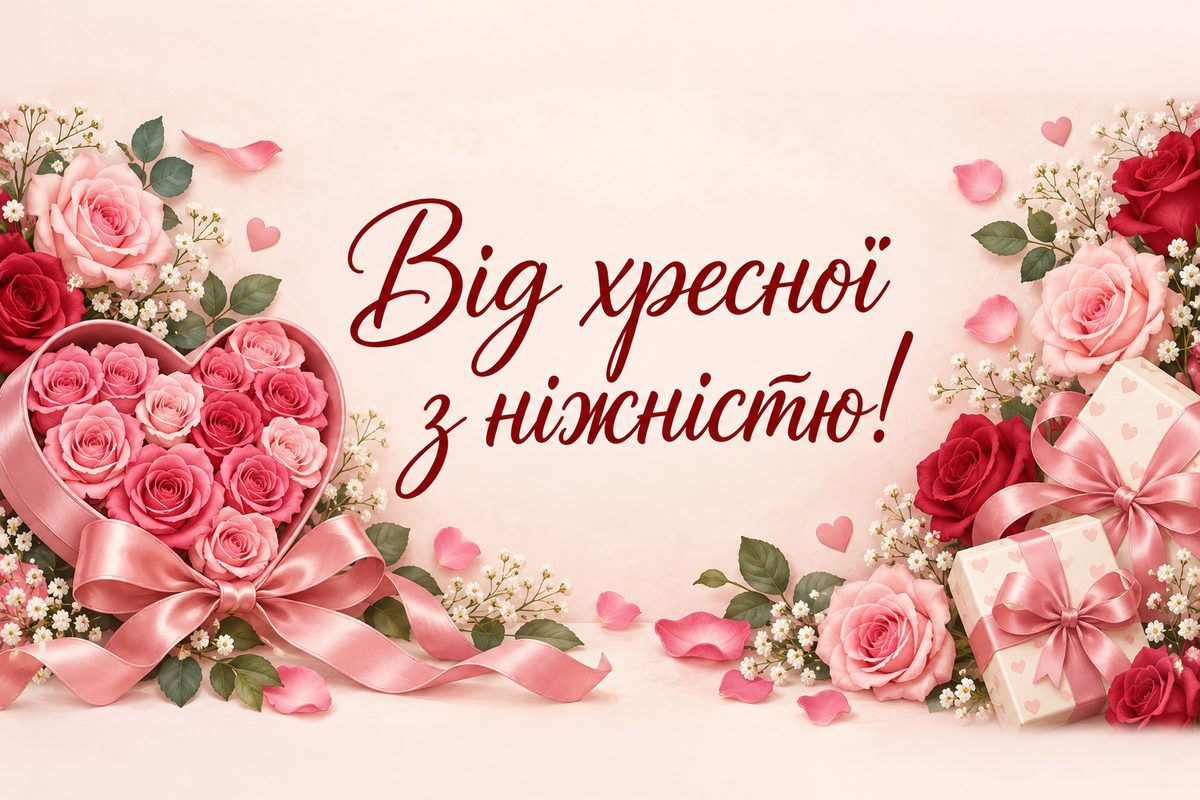 Листівка з днем народження похресниці: серце з рожевих троянд, напис «Від хресної з ніжністю!»