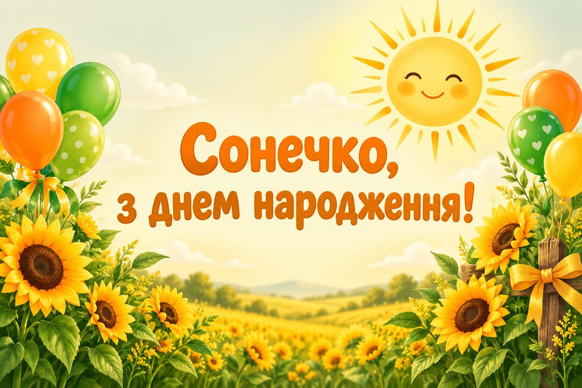Листівка з днем народження похресниці: усміхнене сонце й соняшники, напис «Сонечко, з днем народження!»