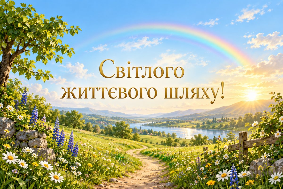 Листівка з днем народження похресниці: сонячна стежка до веселки, напис «Світлого життєвого шляху!»