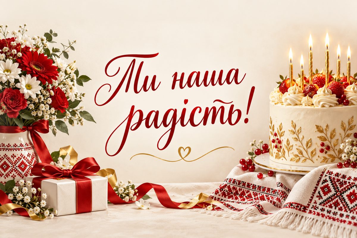 Листівка з днем народження похресниці: торт і вишитий рушник, напис «Ти наша радість!»