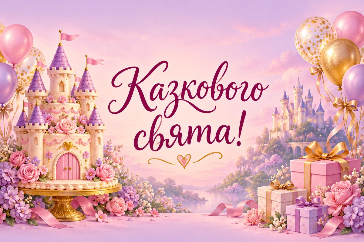 Листівка з днем народження похресниці: торт-замок із прапорцями, напис «Казкового свята!»