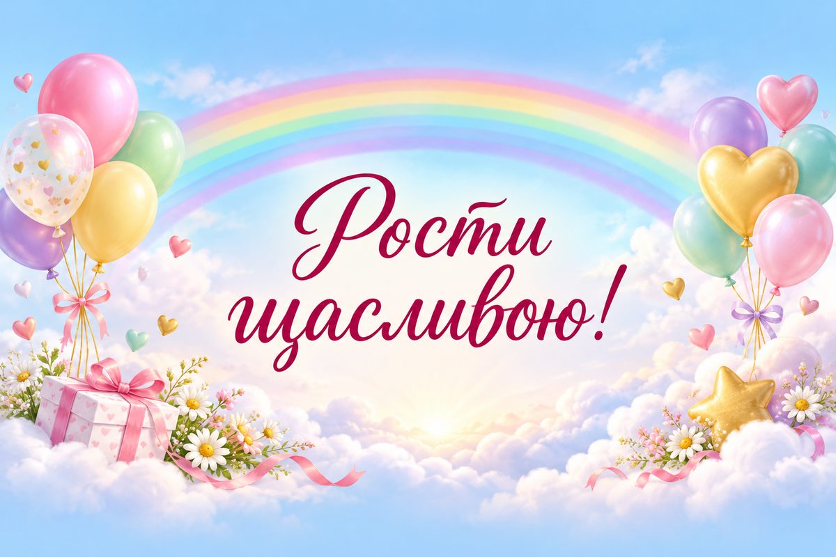 Листівка з днем народження похресниці: веселка, хмари й кульки, напис «Рости щасливою!»