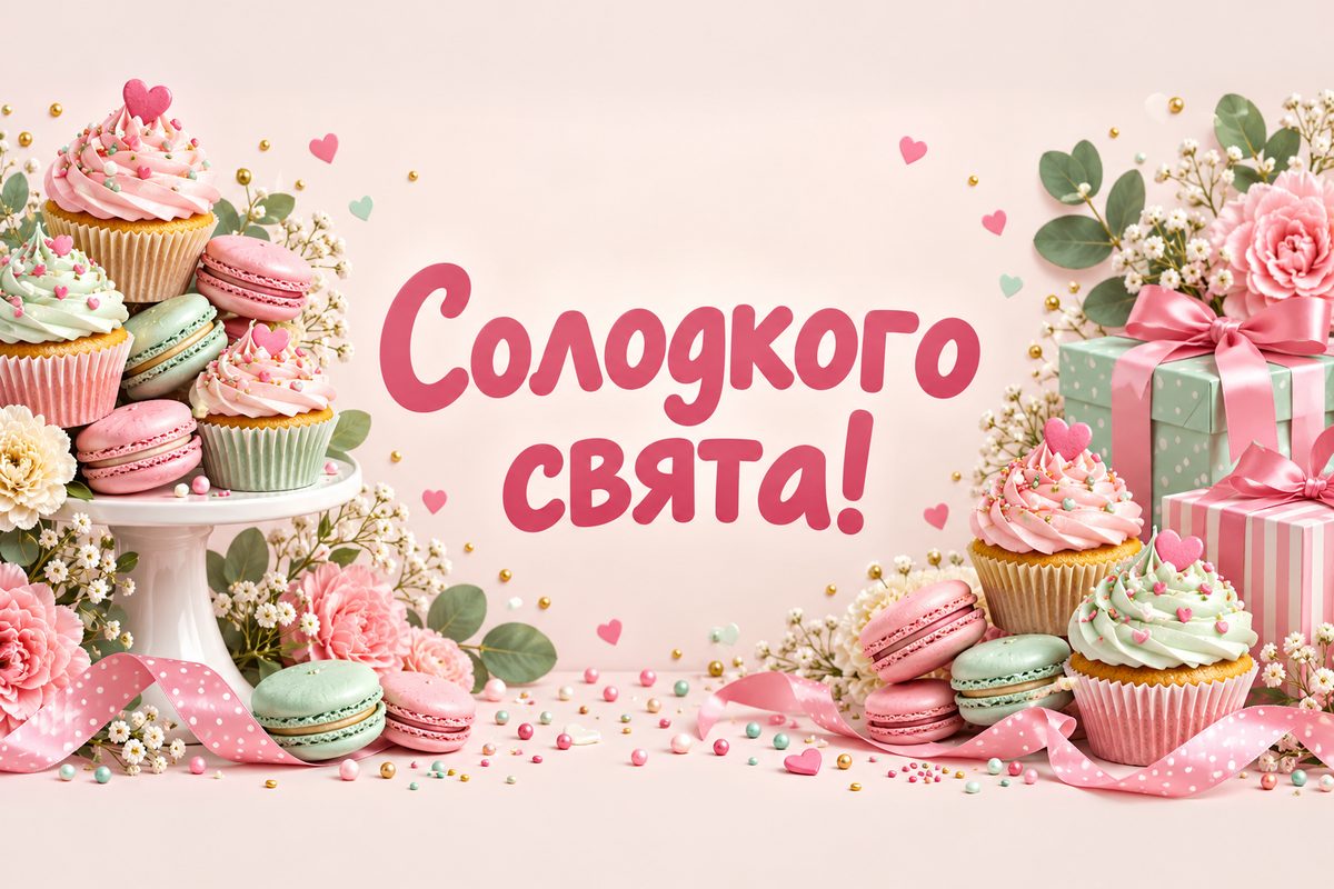 Листівка з днем народження похресниці: вежа з капкейків і макарунів, напис «Солодкого свята!»
