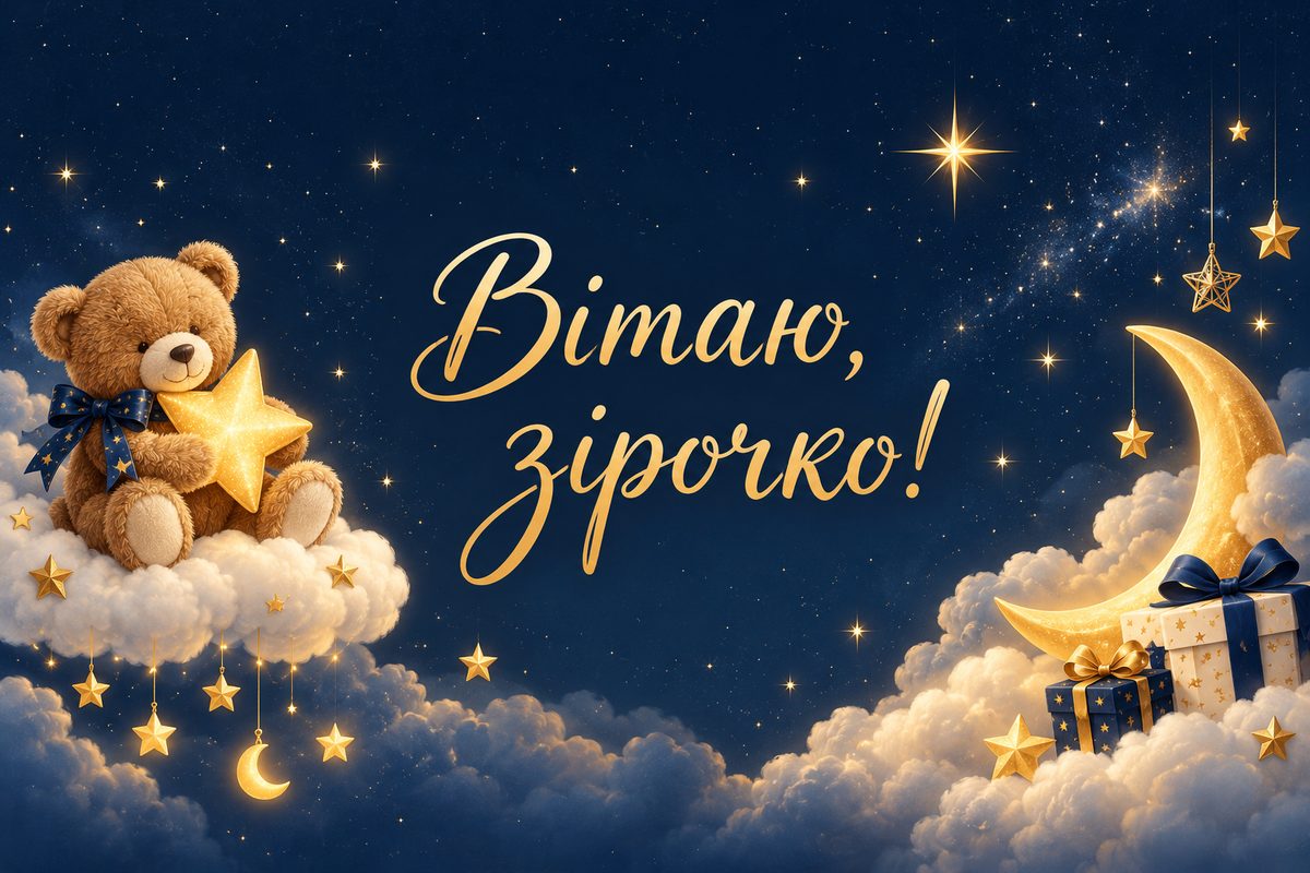 Листівка з днем народження похресниці: зірочка й ведмедик на хмарці, напис «Вітаю, зірочко!»