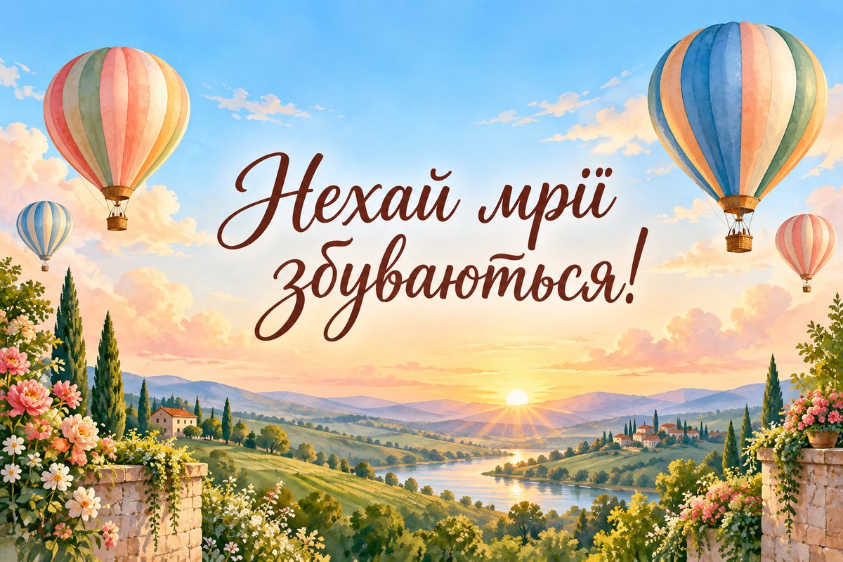 Листівка з днем народження: повітряні кулі над пагорбами, напис «Нехай мрії збуваються!»