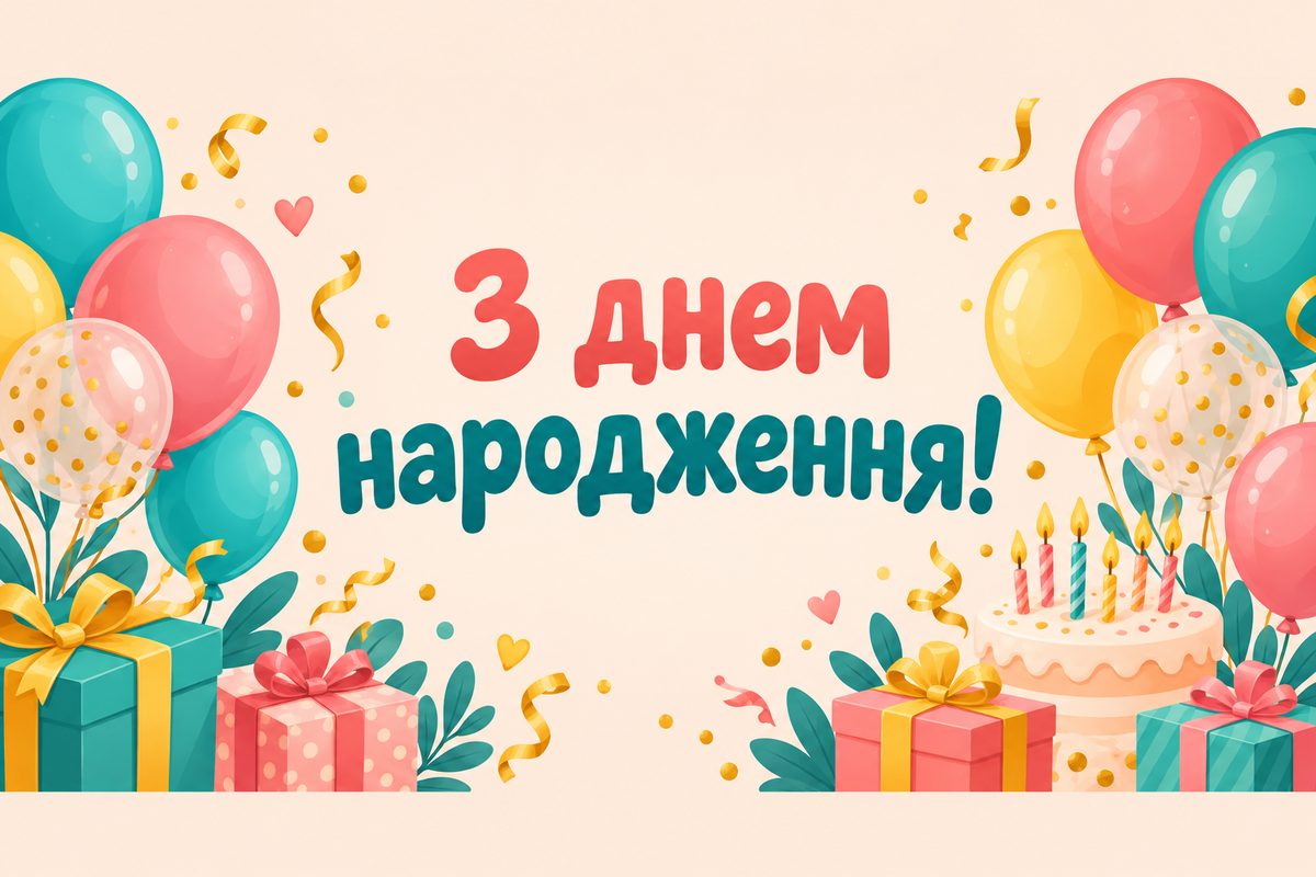 Листівка з днем народження: повітряні кульки й золоте конфеті, напис «З днем народження!»