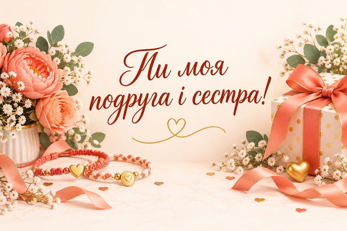 Листівка з днем народження сестрі: браслети дружби, квіти й подарунок, напис «Ти моя подруга і сестра!»