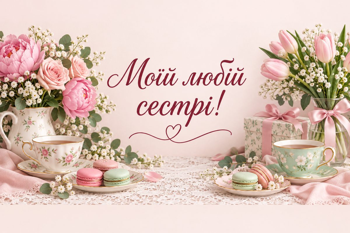 Листівка з днем народження сестрі: дві чашки й макаруни на мереживі, напис «Моїй любій сестрі!»