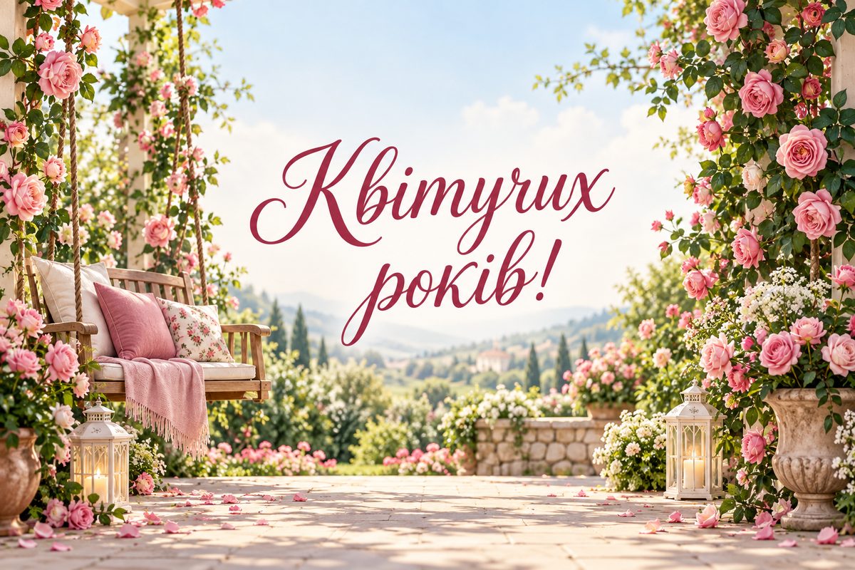 Листівка з днем народження сестрі: гойдалка в трояндовому саду, напис «Квітучих років!»