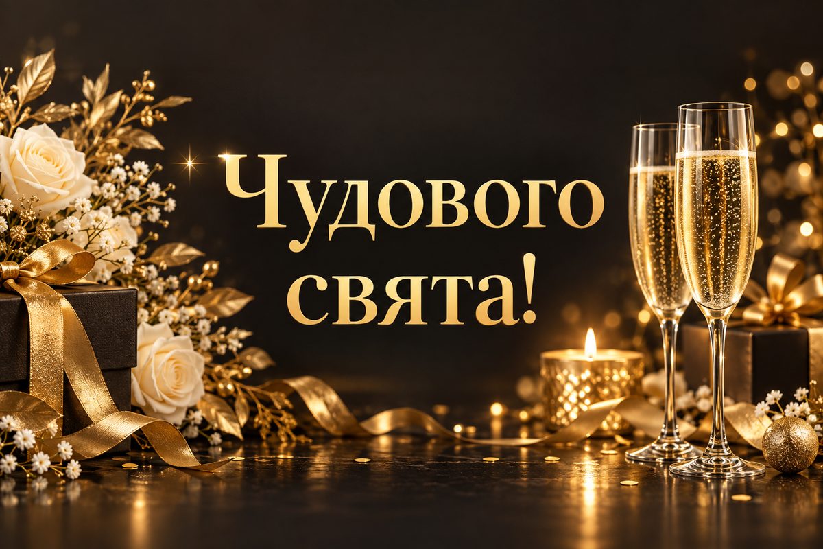 Листівка з днем народження сестрі: келихи шампанського з іскрами, напис «Чудового свята!»