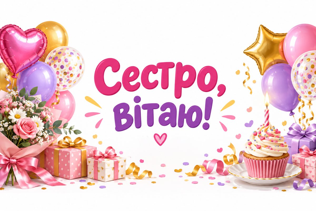 Листівка з днем народження сестрі: кульки, конфеті й капкейк, напис «Сестро, вітаю!»