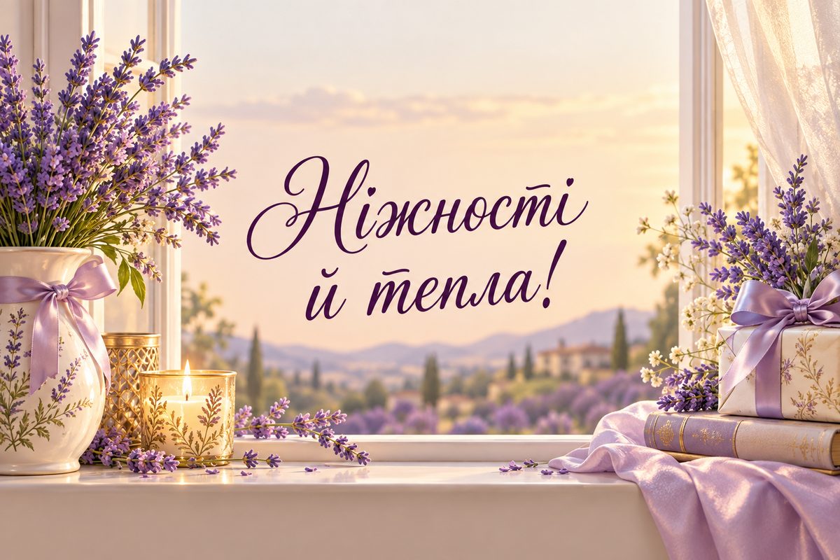 Листівка з днем народження сестрі: лаванда й свічка на підвіконні, напис «Ніжності й тепла!»