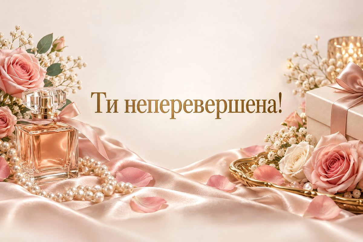 Листівка з днем народження сестрі: парфуми, перли й троянди, напис «Ти неперевершена!»