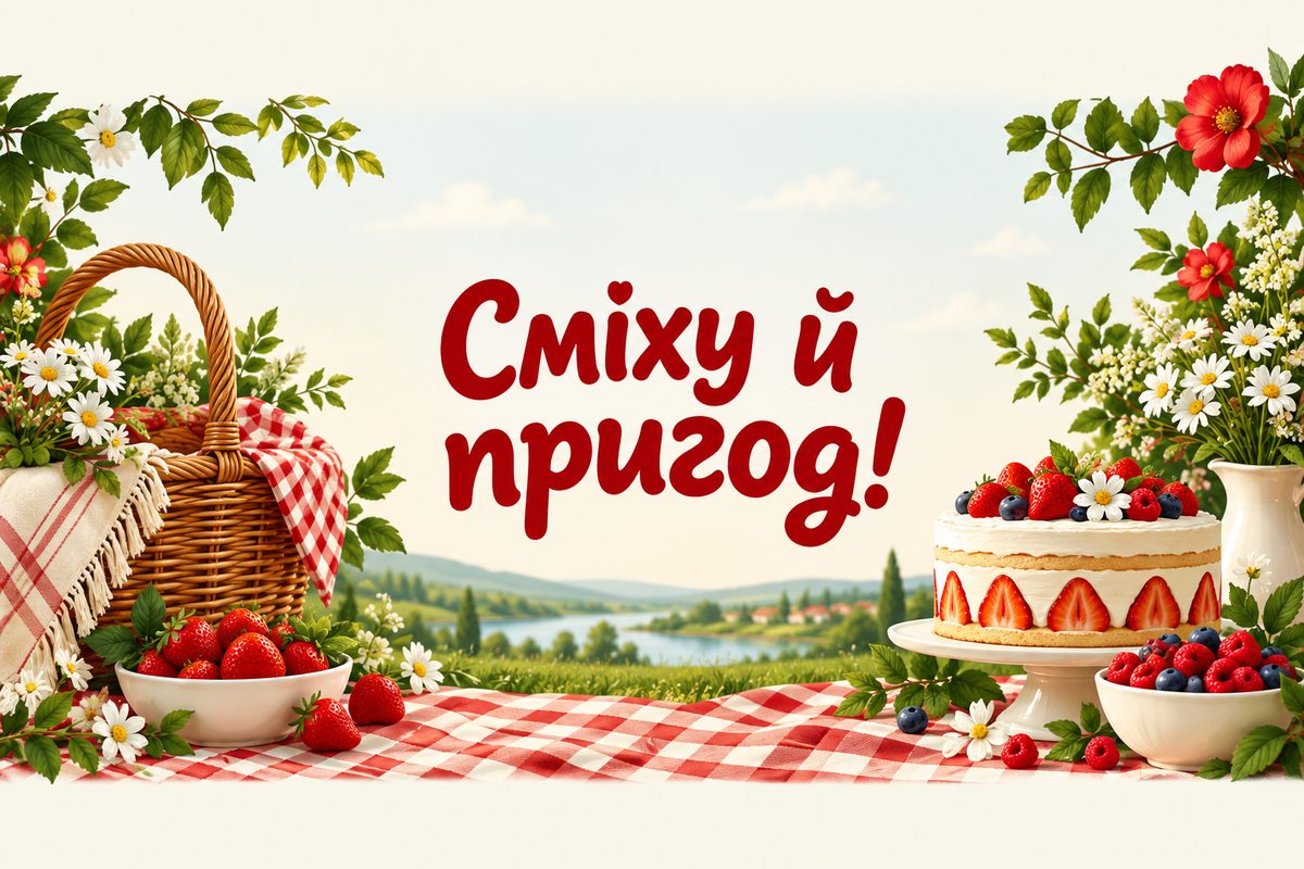 Листівка з днем народження сестрі: пікнік із кошиком, ягодами й тортом, напис «Сміху й пригод!»
