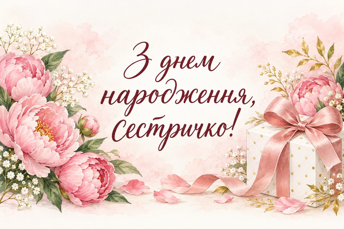 Листівка з днем народження сестрі: рожеві півонії й подарунок, напис «З днем народження, сестричко!»