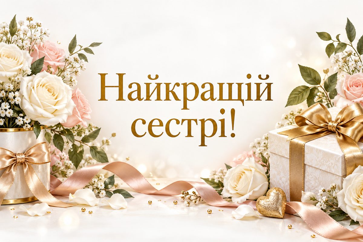 Листівка з днем народження сестрі: подарунок із золотим бантом і білі троянди, напис «Найкращій сестрі!»