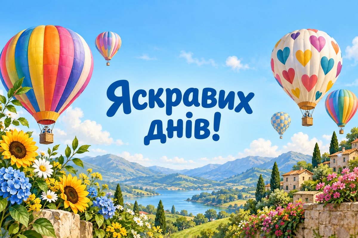 Листівка з днем народження сестрі: повітряні кулі над пагорбами, напис «Яскравих днів!»