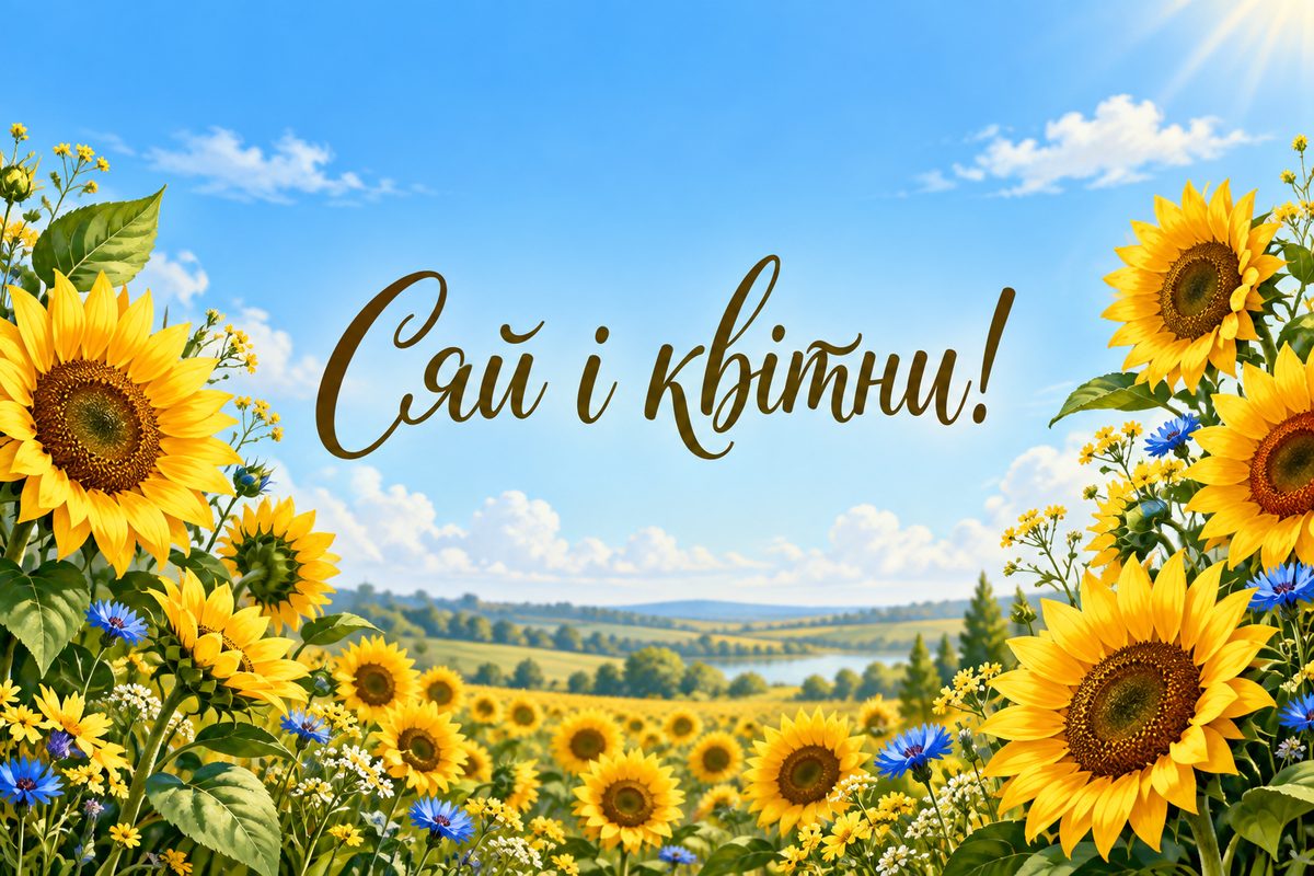 Листівка з днем народження сестрі: соняшникове поле, напис «Сяй і квітни!»