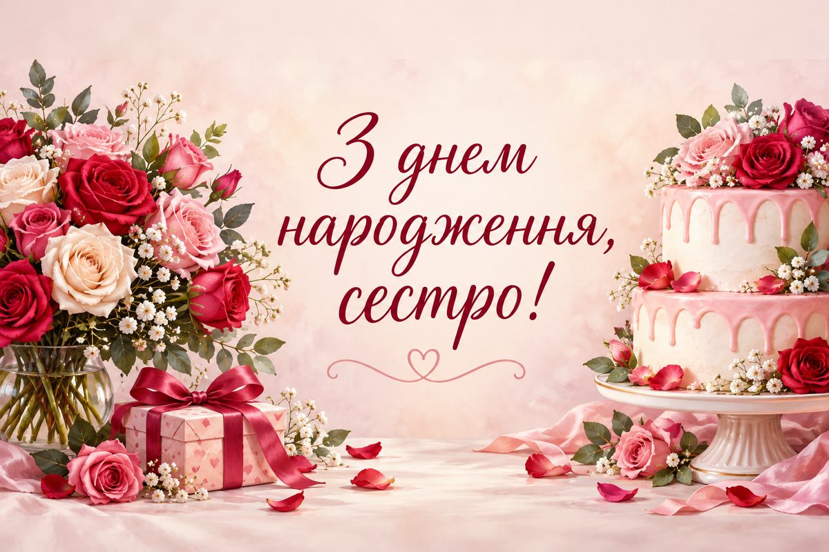 Листівка з днем народження сестрі: букет троянд і торт, напис «З днем народження, сестро!»