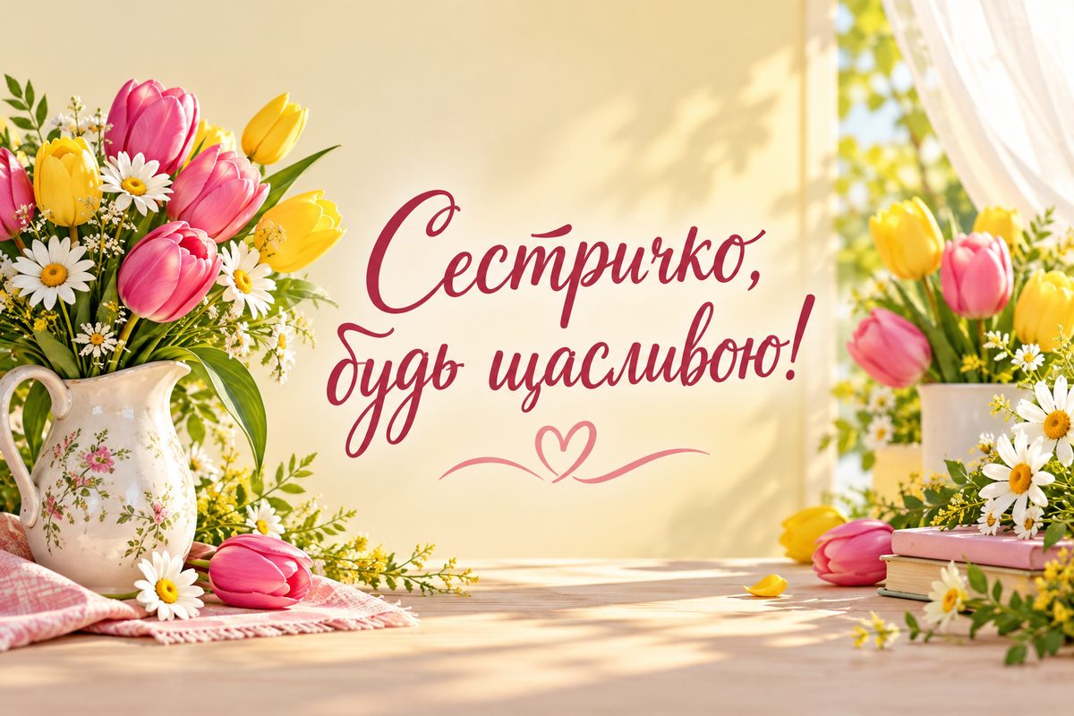 Листівка з днем народження сестрі: тюльпани й ромашки в глечику, напис «Сестричко, будь щасливою!»
