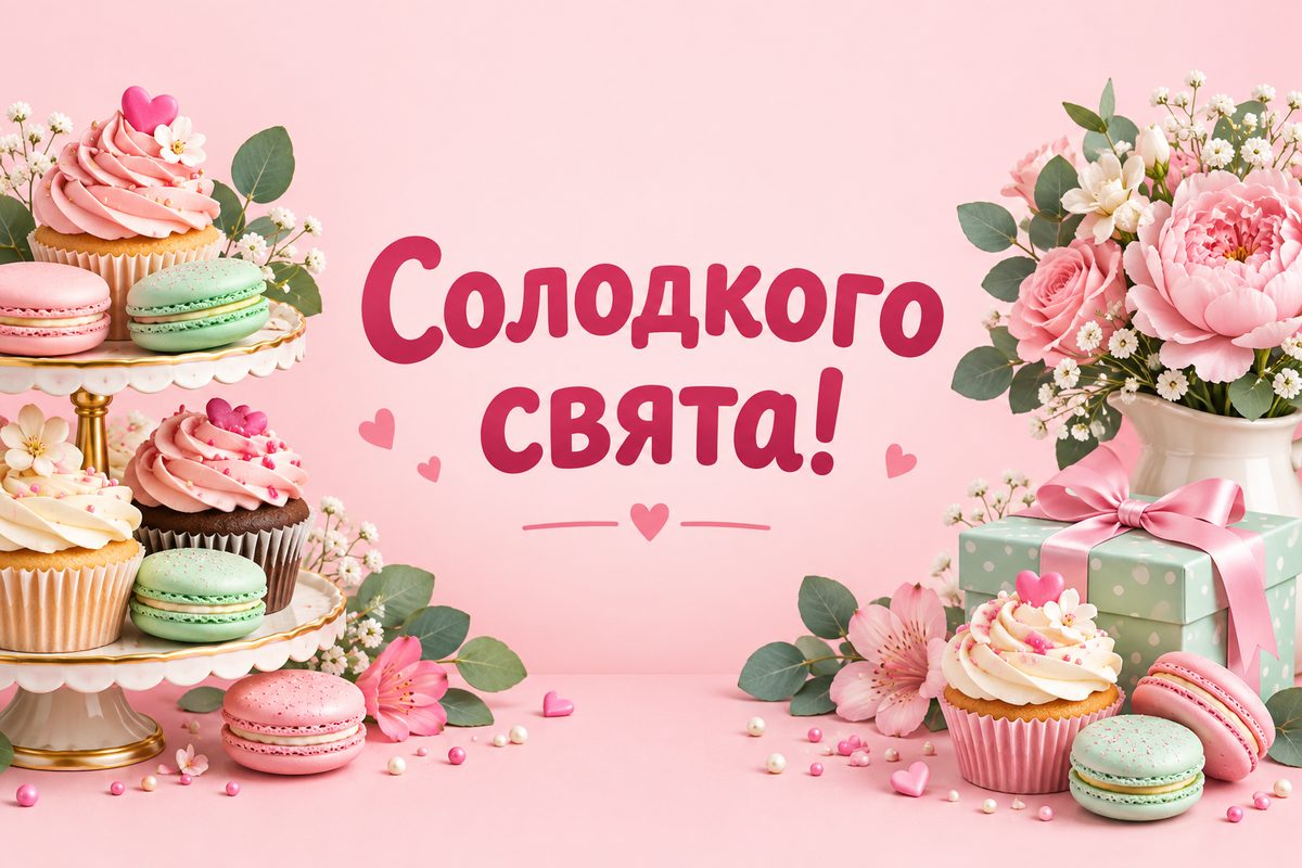 Листівка з днем народження сестрі: вежа з капкейків і макарунів, напис «Солодкого свята!»