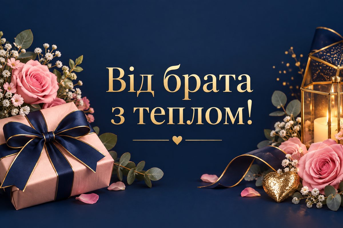Листівка з днем народження сестрі: подарунок із темною стрічкою й букет, напис «Від брата з теплом!»