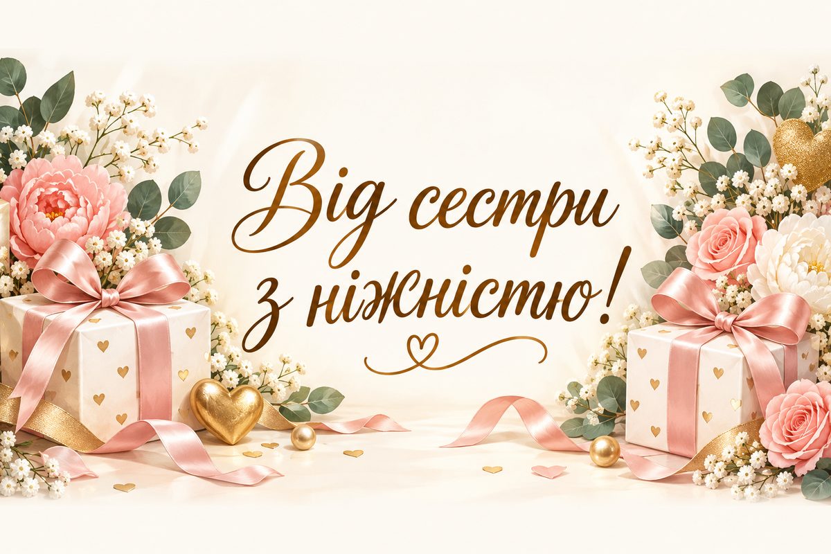 Листівка з днем народження сестрі: два однакові подарунки з пастельними стрічками, напис «Від сестри з ніжністю!»