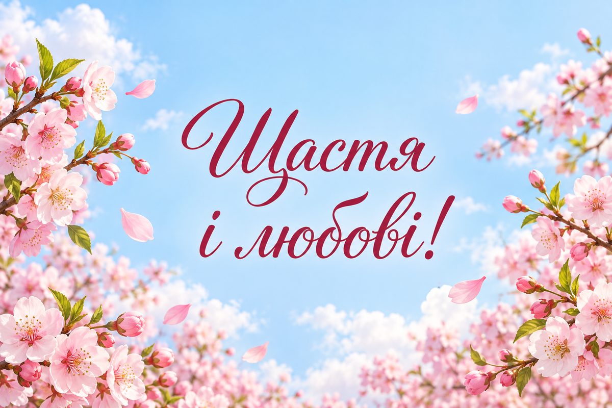 Листівка з днем народження сестрі: квітуча вишнева гілка, напис «Щастя і любові!»