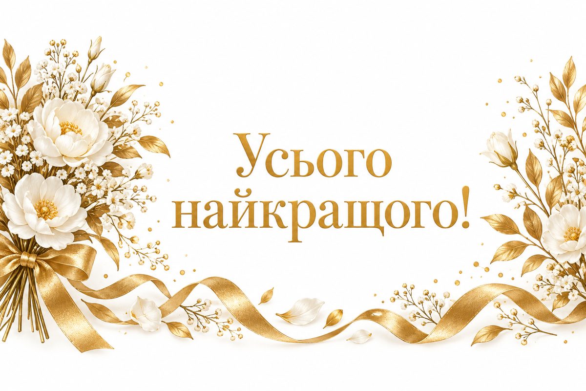 Листівка з днем народження сестрі: букет, намальований золотою лінією, напис «Усього найкращого!»