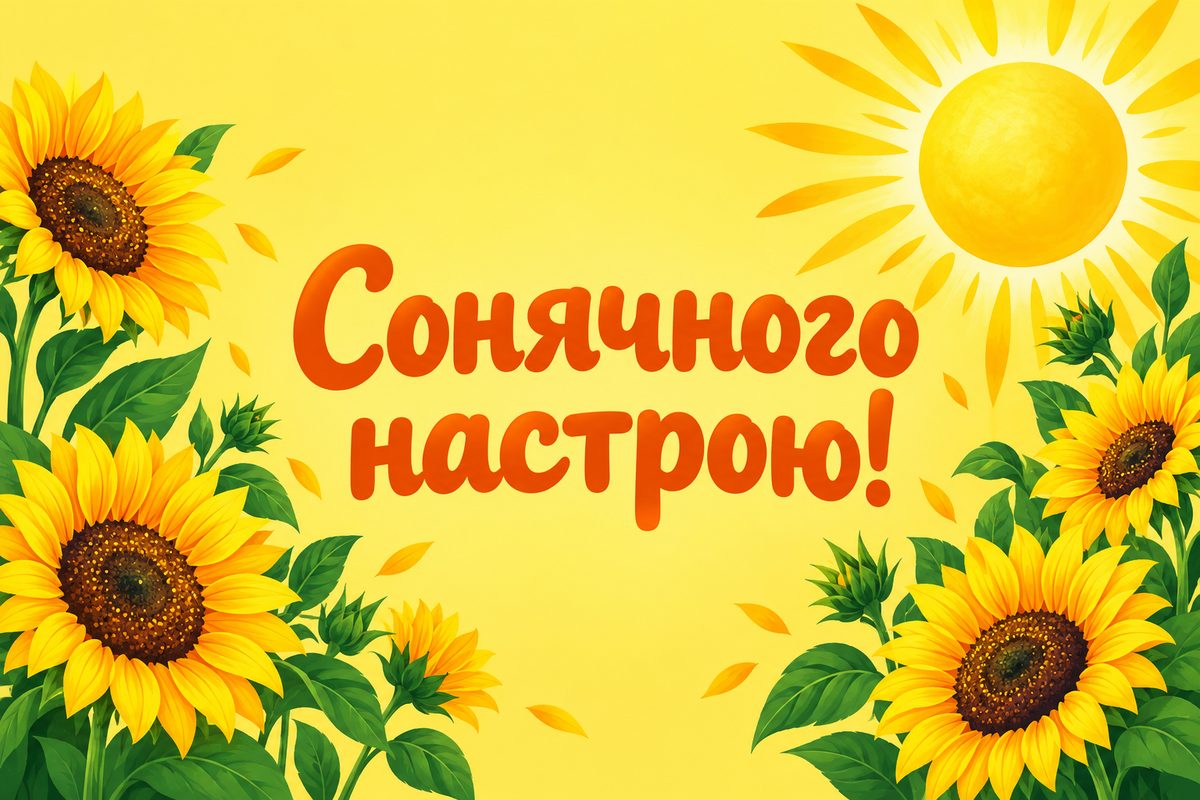 Листівка з днем народження: соняшники й сонце, напис «Сонячного настрою!»