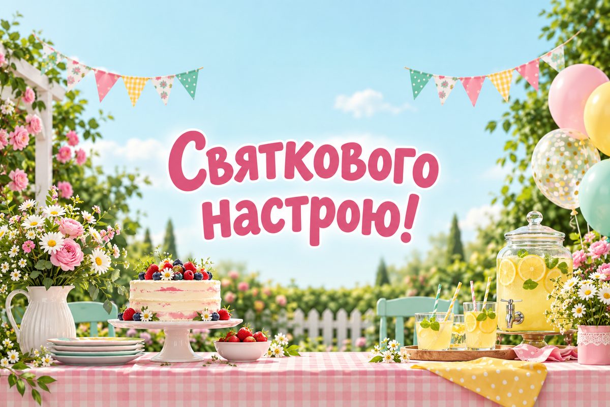 Листівка з днем народження: святковий стіл у саду з прапорцями, напис «Святкового настрою!»
