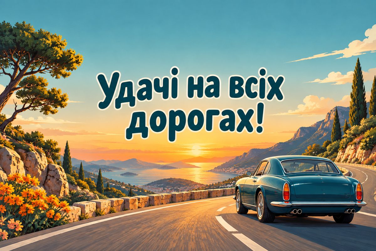 Листівка з днем народження сину: класичне авто на дорозі, напис «Удачі на всіх дорогах!»