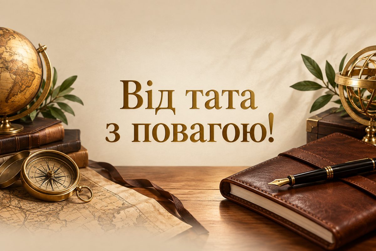 Листівка з днем народження сину: блокнот, ручка й компас, напис «Від тата з повагою!»