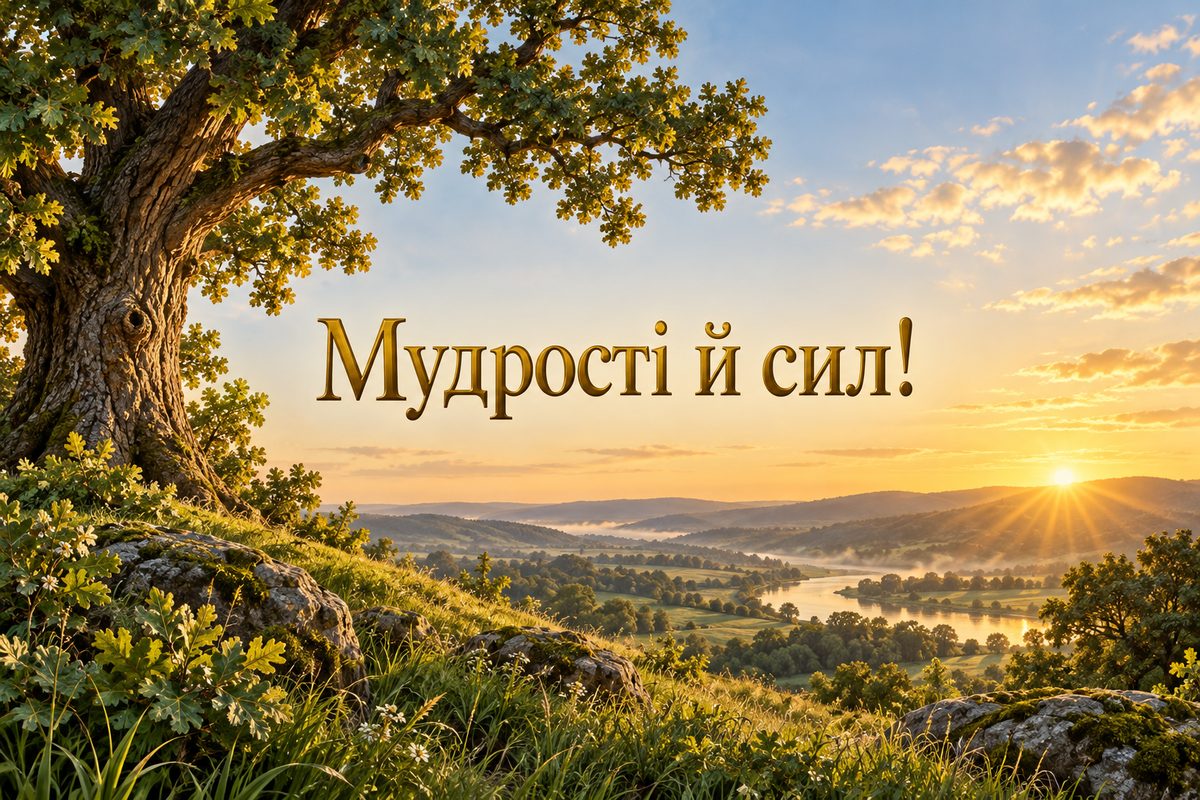 Листівка з днем народження сину: старий дуб на пагорбі на світанку, напис «Мудрості й сил!»