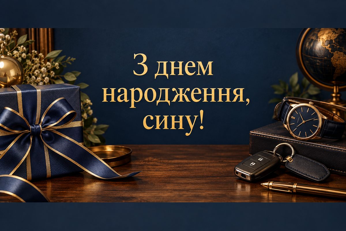Листівка з днем народження сину: подарунок, годинник і ключі від авто, напис «З днем народження, сину!»