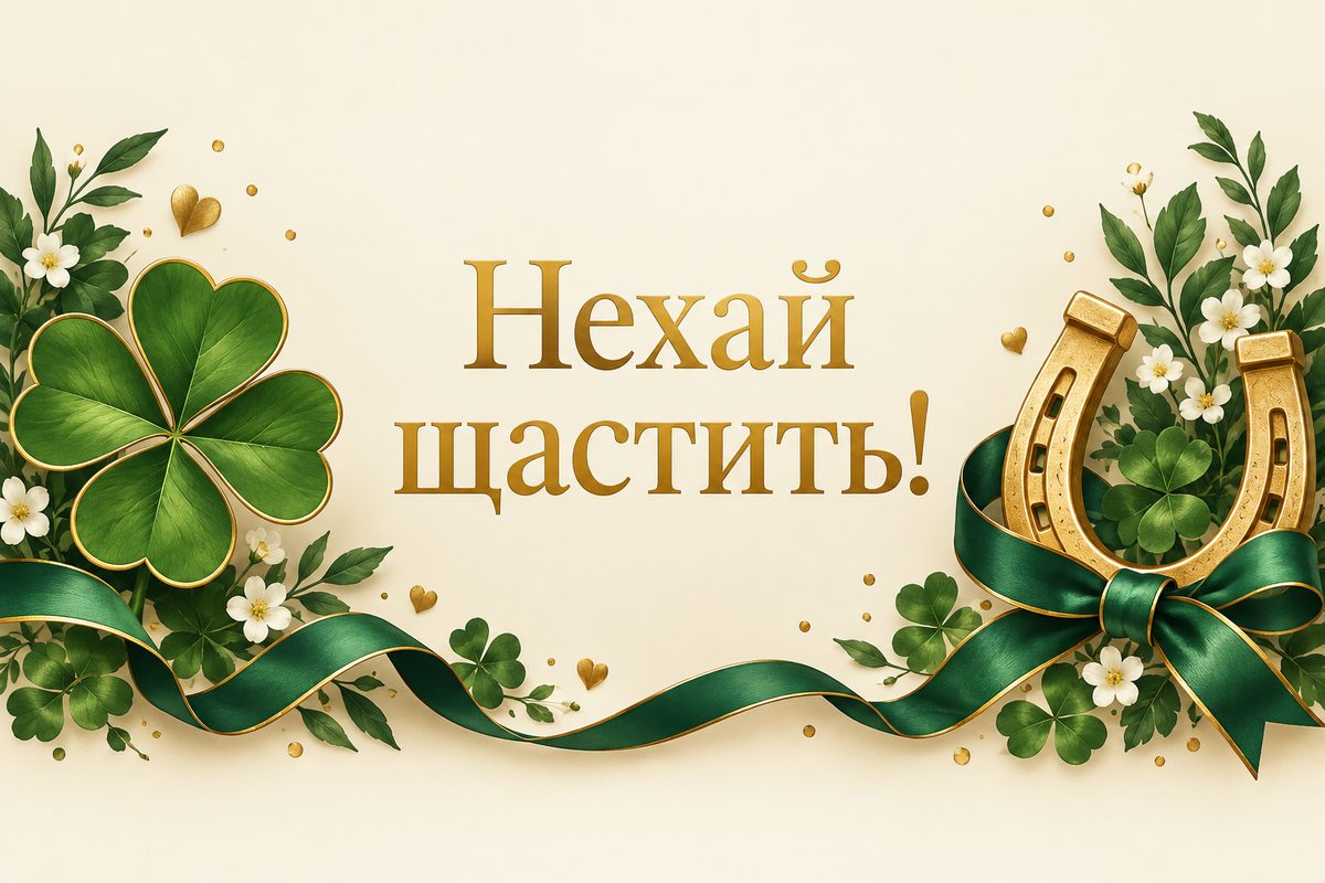 Листівка з днем народження сину: конюшина й підкова, напис «Нехай щастить!»