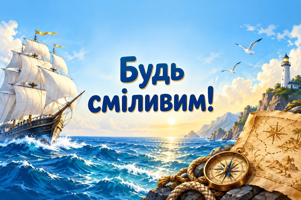 Листівка з днем народження сину: вітрильник на хвилях і мапа, напис «Будь сміливим!»