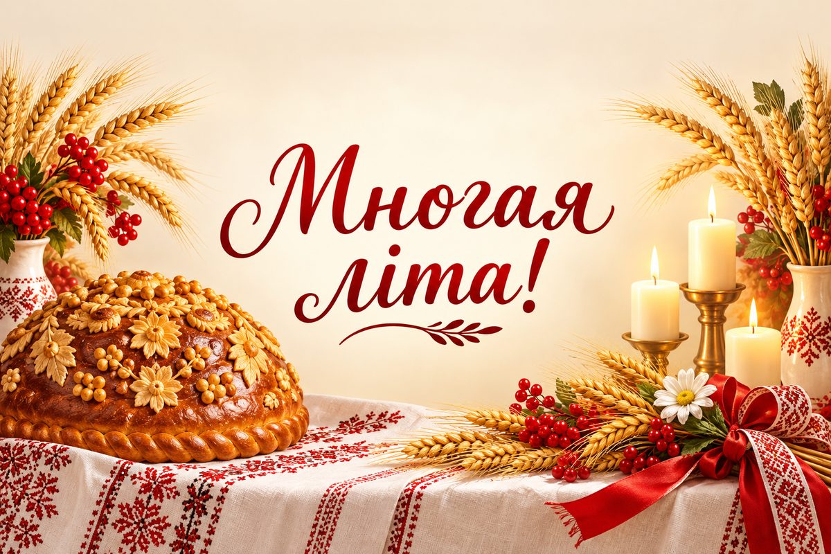 Листівка з днем народження сину: коровай, свічки й колоски, напис «Многая літа!»