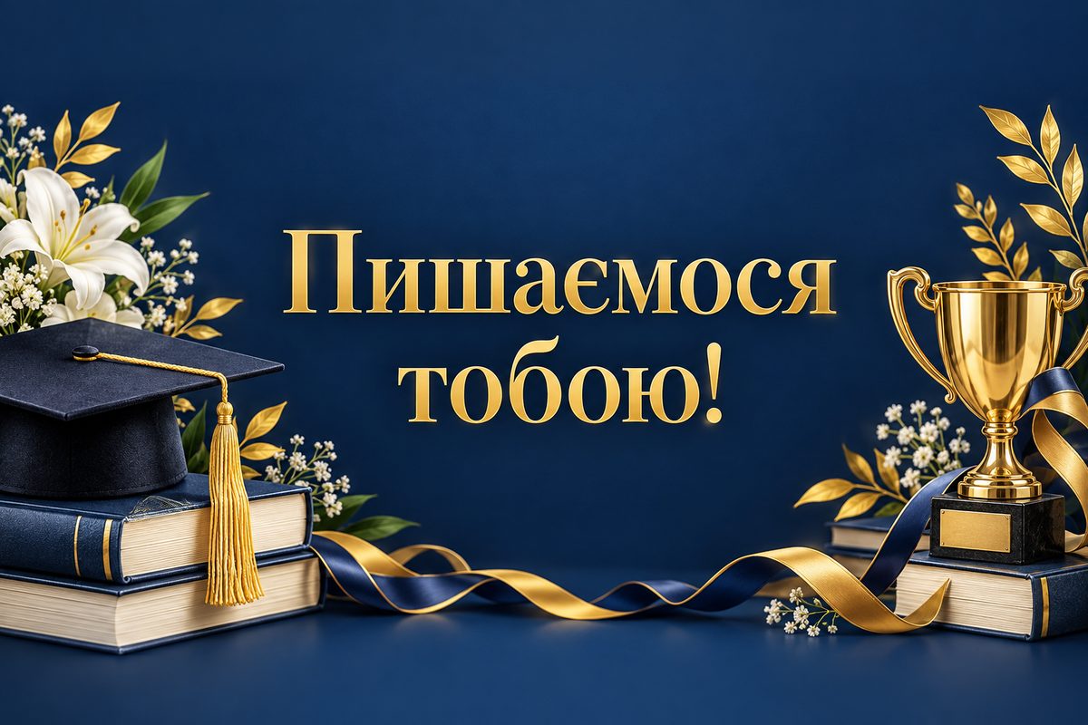 Листівка з днем народження сину: кубок, книжки й випускна шапочка, напис «Пишаємося тобою!»