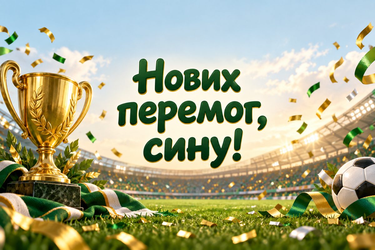 Листівка з днем народження сину: кубок і конфеті на стадіоні, напис «Нових перемог, сину!»